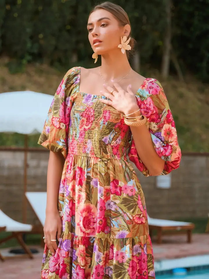 Printed Maxi Dress with Short Bubble Sleeve Printed Maxi Dress with Short Bubble Sleeve