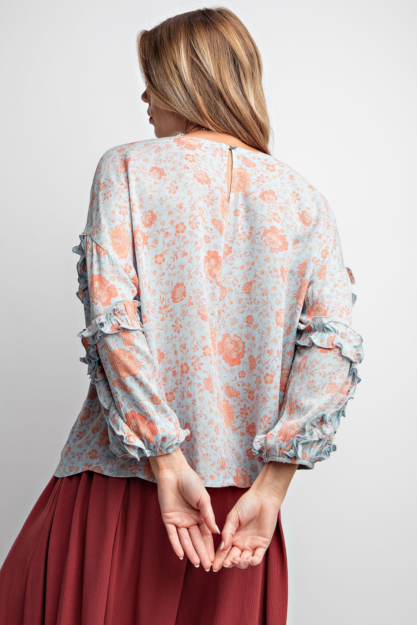 Ruffle Detail Floral Print Rayon Gauze Top