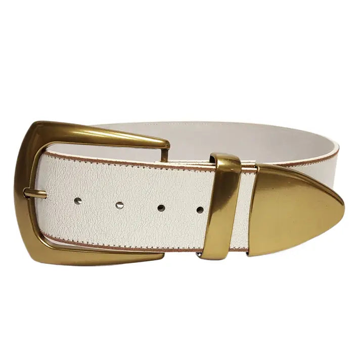 Wide Width Off-White Leather Belt with Statement Buckle Set