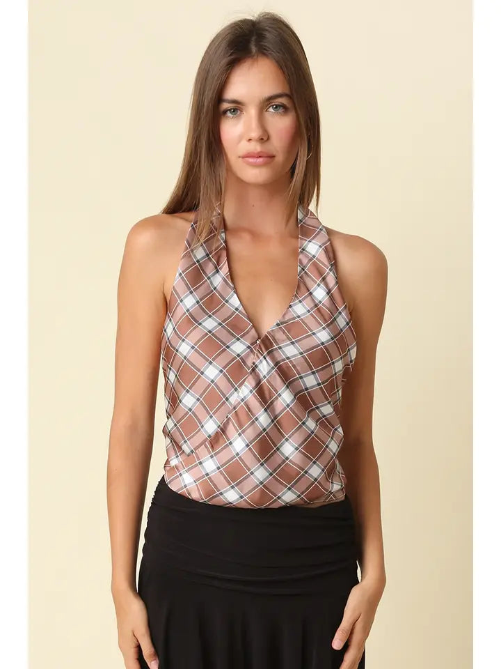 Olivaceous - Saylor Satin Plaid Wrap Halter Top