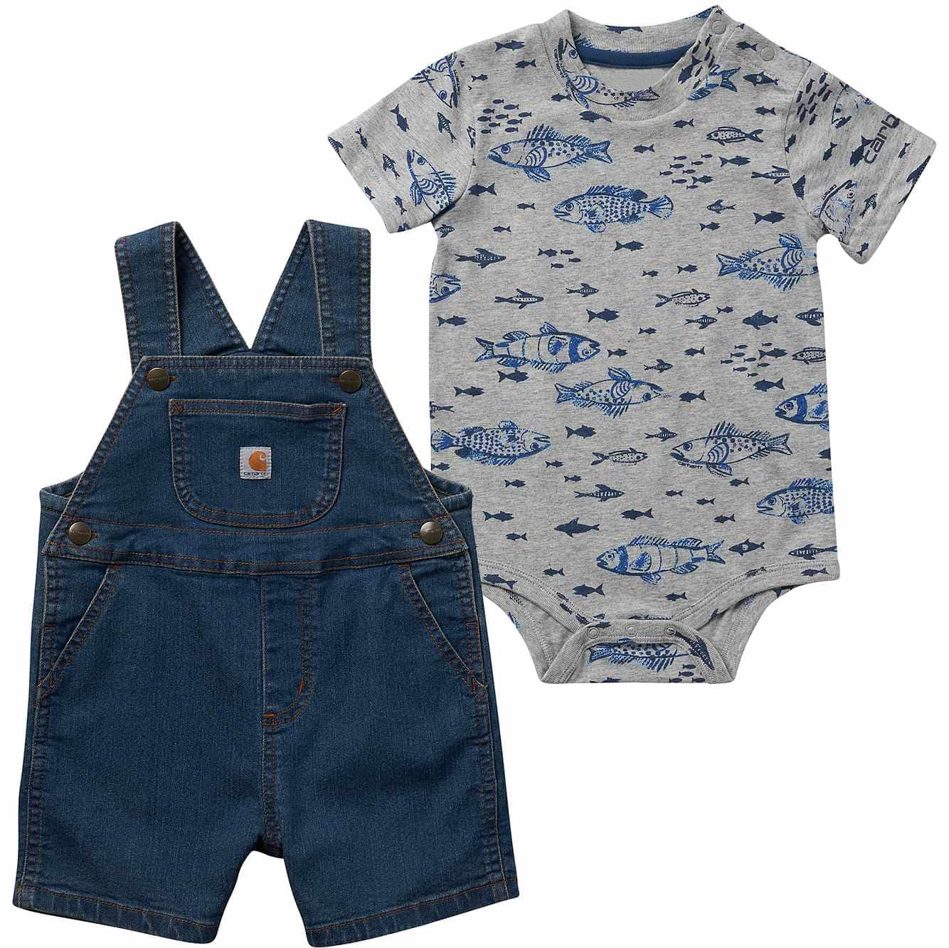 Carhartt Boys' Short-Sleeve Fish Print Bodysuit & Denim Shortall Set