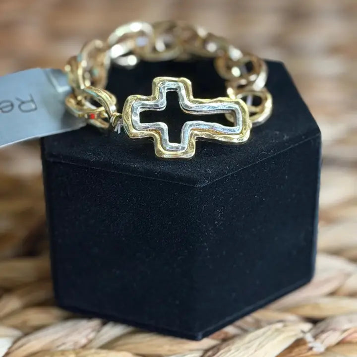 Ruby River Wholesale, LLC - 2 Tone Chain Bracelet with Cross