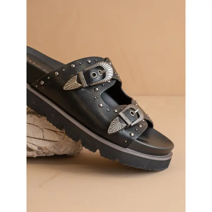 The Effie | Black Double Western Buckle Slides