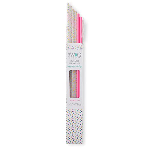Swig Life Reusable Straw Set | 6 Straws with Cleaning Brush | Confetti + Pink