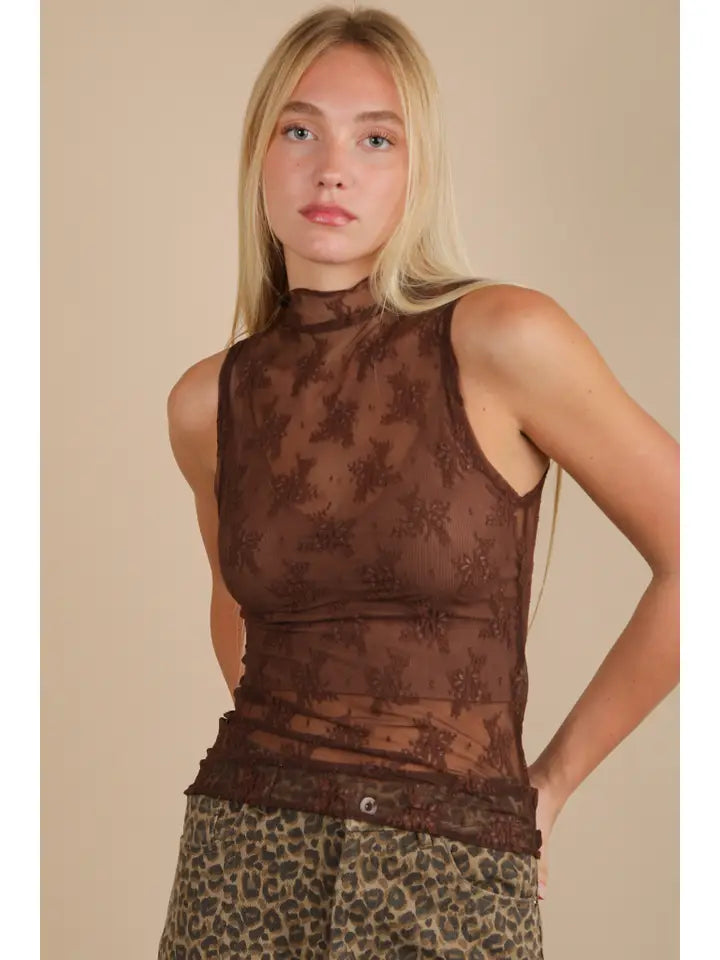 High Neck Sheer Mesh Lace Fitted Knit Top