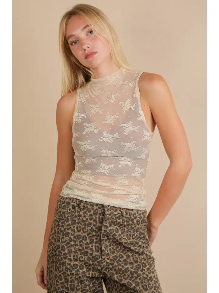 High Neck Sheer Mesh Lace Fitted Knit Top