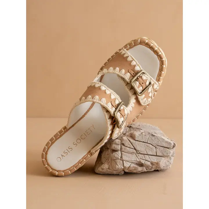 The Rae | Camel Embroidered Espadrille Wedges Double Buckle