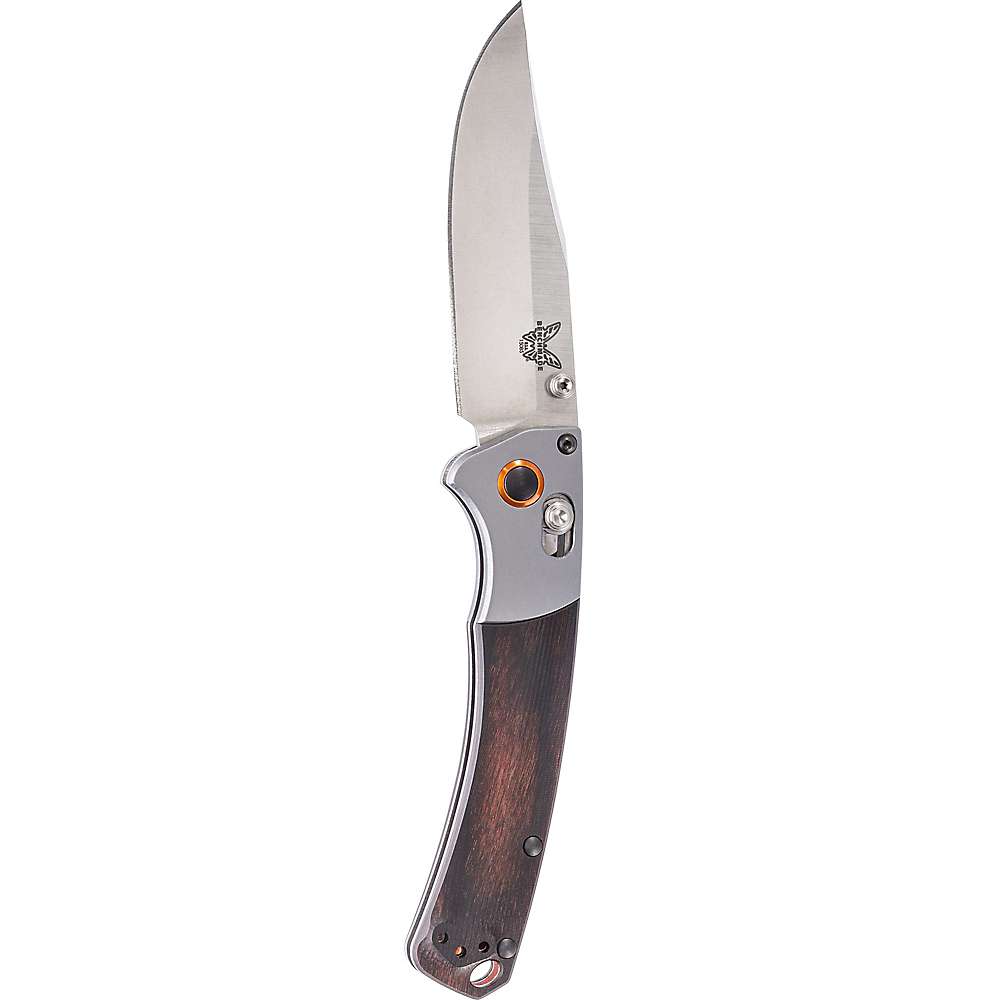 Benchmade Mini Crooked River Axis Folding Knife Plain Edge Satin Clip Point Blade 3.4in Contoured Stabilized Wood Handle 15085-2