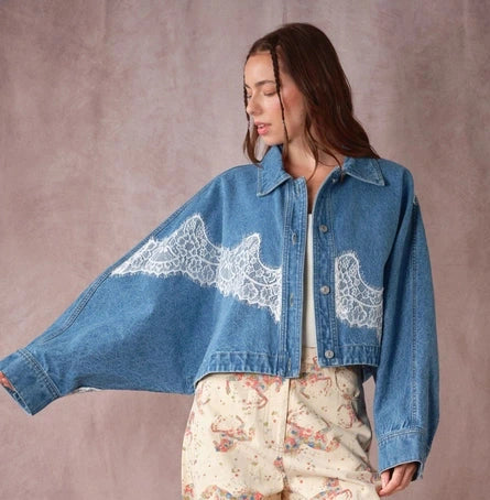 BLUE - LACE TRIM DENIM JACKET