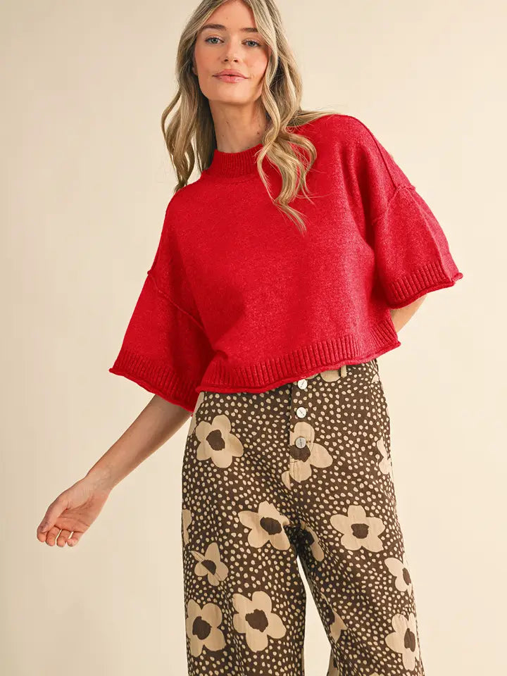 &MERCI - Marled Knit Mock Neck Short Sleeve Sweater