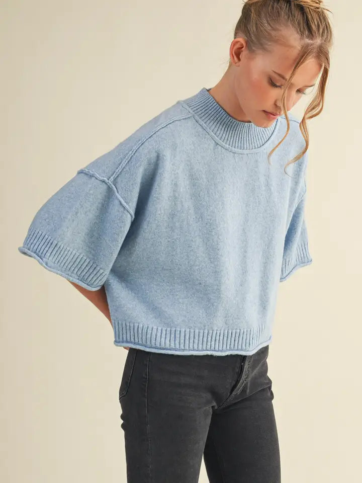 &MERCI - Marled Knit Mock Neck Short Sleeve Sweater