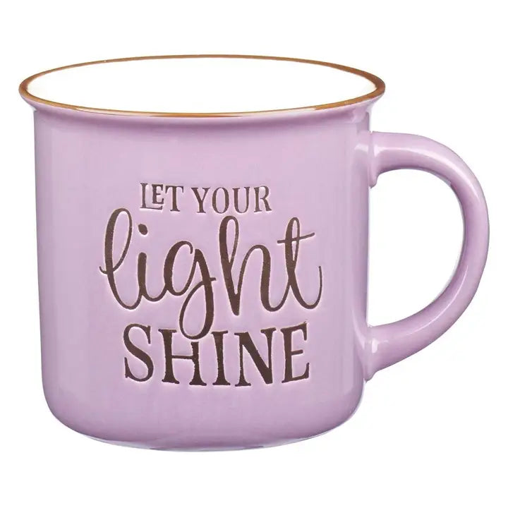 Christian Art Gifts - Mug Camp Purple/White - Let Your Light Shine