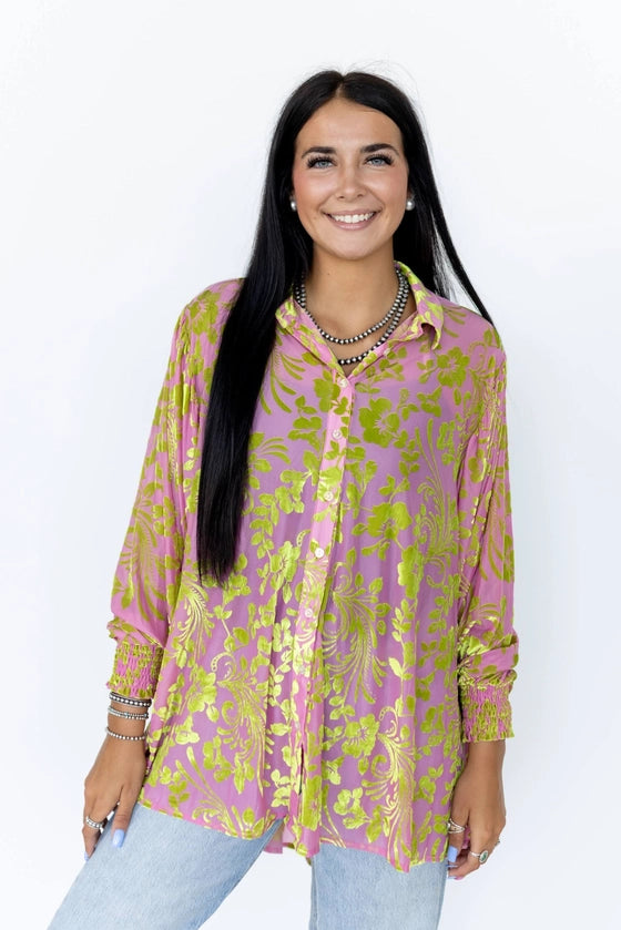 Turquoise Haven - Pink Lime Velvet Boho Blouse