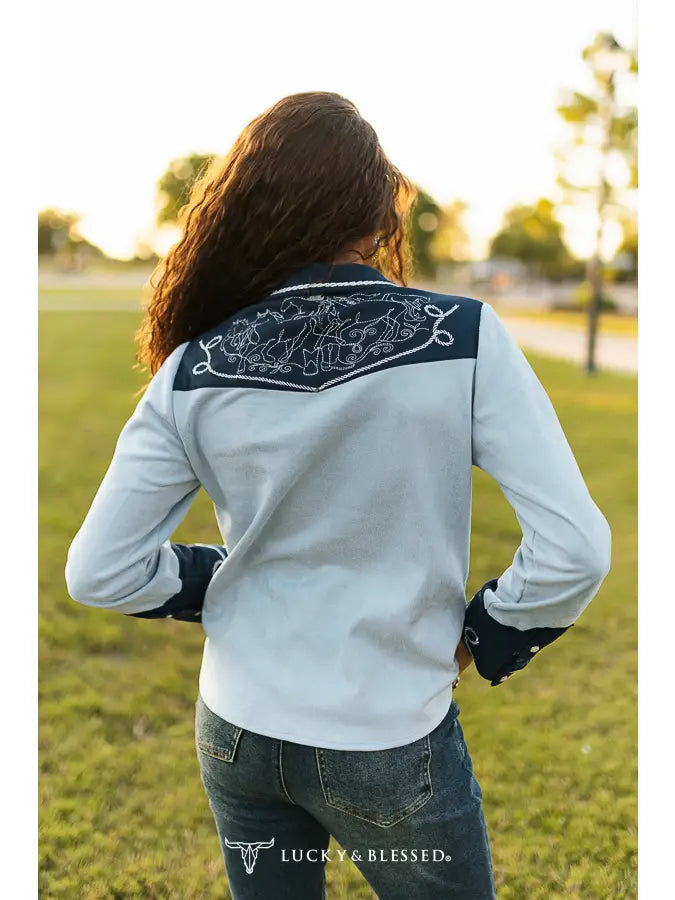 LUCKY & BLESSED - Blue Suede EmbroideryPearl Snap