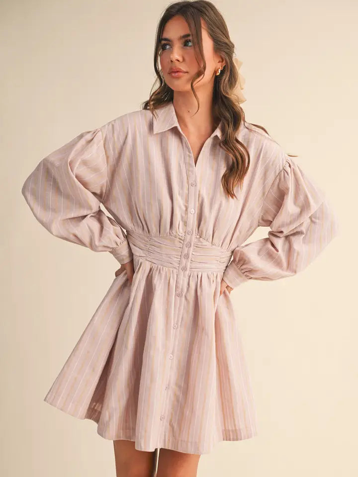&MERCI - Striped Button Down Ruched Waist Mini Dres