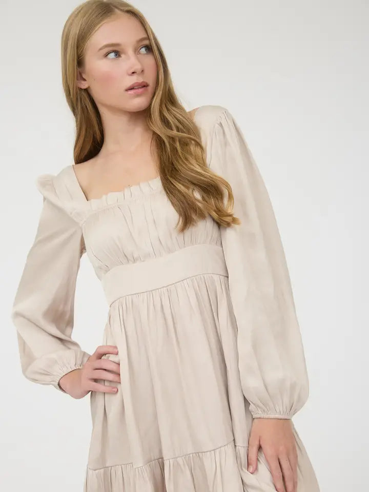 Blu Pepper - Satin Square Neck Long Sleeve Mini Dress