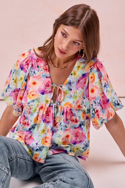 Floral Printed Balloon Sleeves Front Tied Top