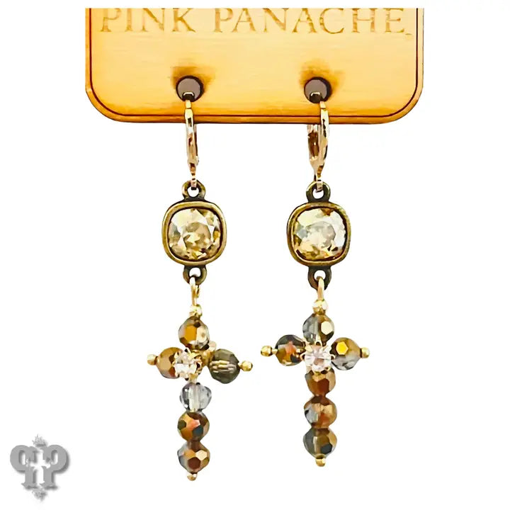 Champagne Bead Cross Charm Earring