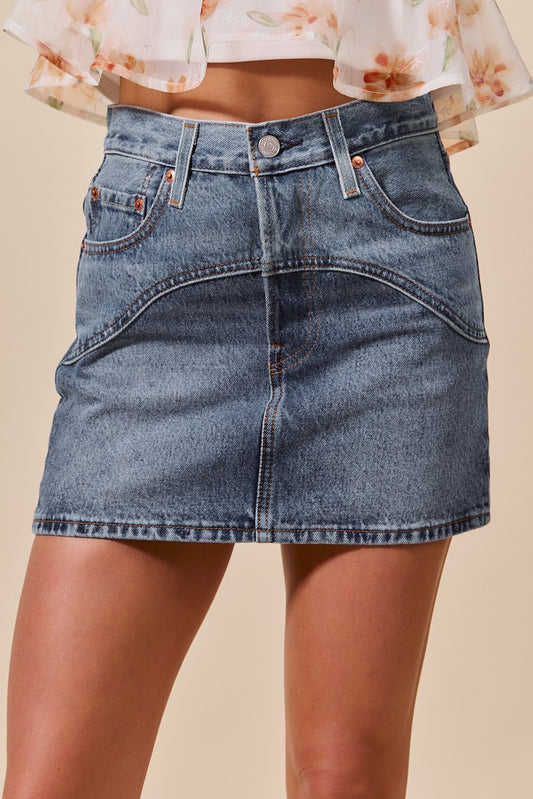 Washed Denim Mini Skirt With Pockets