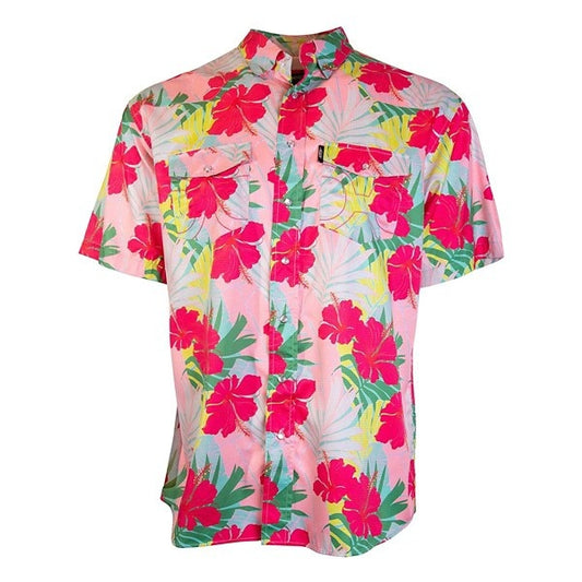 HOOEY- "SOL" Ping/Palm Print Short Sleeve Pearl Snap Shirt