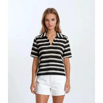 Doe and Rae - Knitted Multi Color Stripe Collar Short Sleeve Top