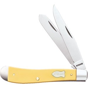 Old Timer Gunstock Trapper 3 7/8  2 Blade Yellow Handle. 7Cr17MoV Steel.