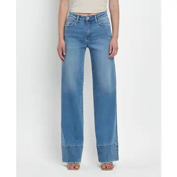 High Rise Raw Hem Wide A Line Jeans
