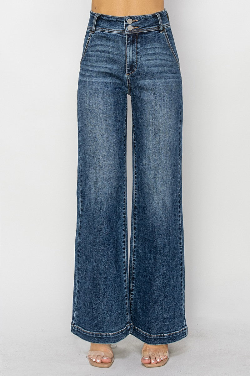 High Rise Double Button Wide Jeans