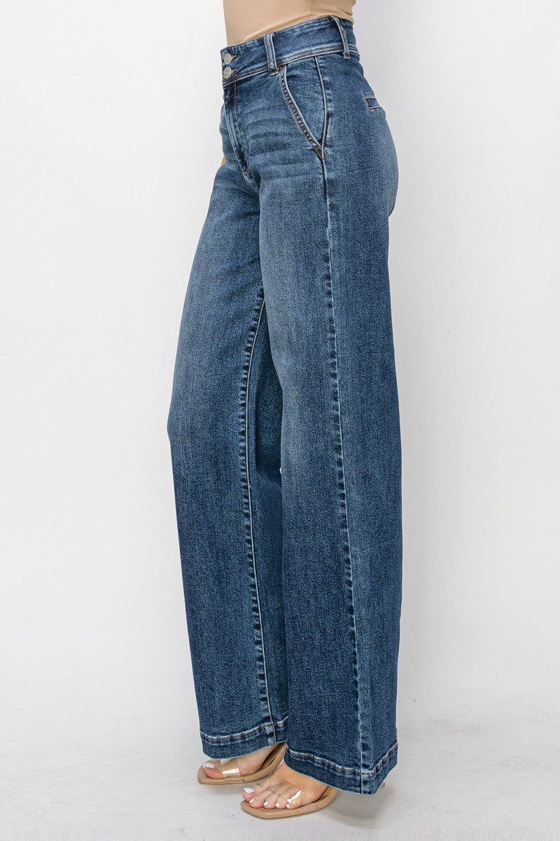 High Rise Double Button Wide Jeans