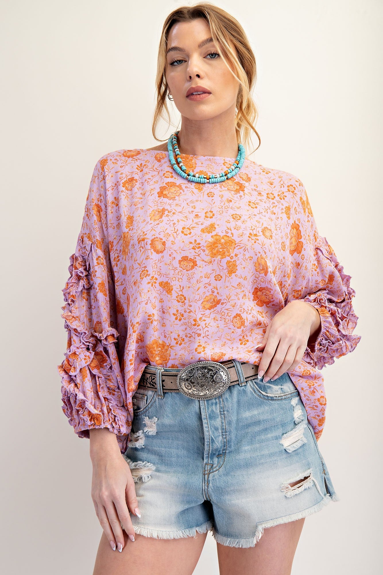 Ruffle Detail Floral Print Rayon Gauze Top