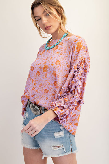 Ruffle Detail Floral Print Rayon Gauze Top