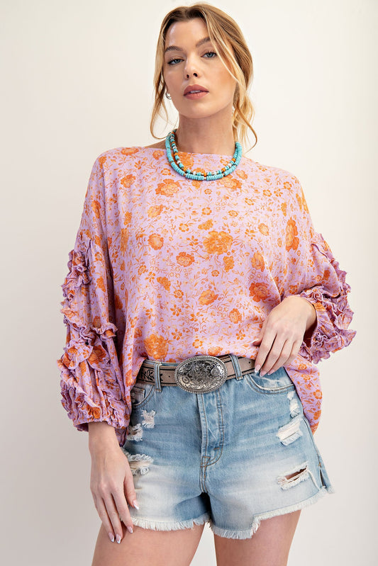 Ruffle Detail Floral Print Rayon Gauze Top