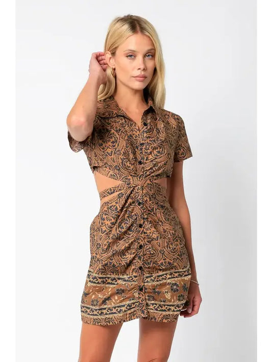 Olivaceous - Ruched Button Down Mini Dress