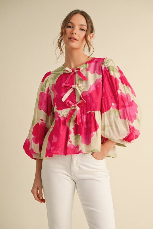 Print Bow Ties Peplum Top