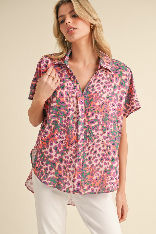 Multicolor Leopard Print Short Sleeves Top