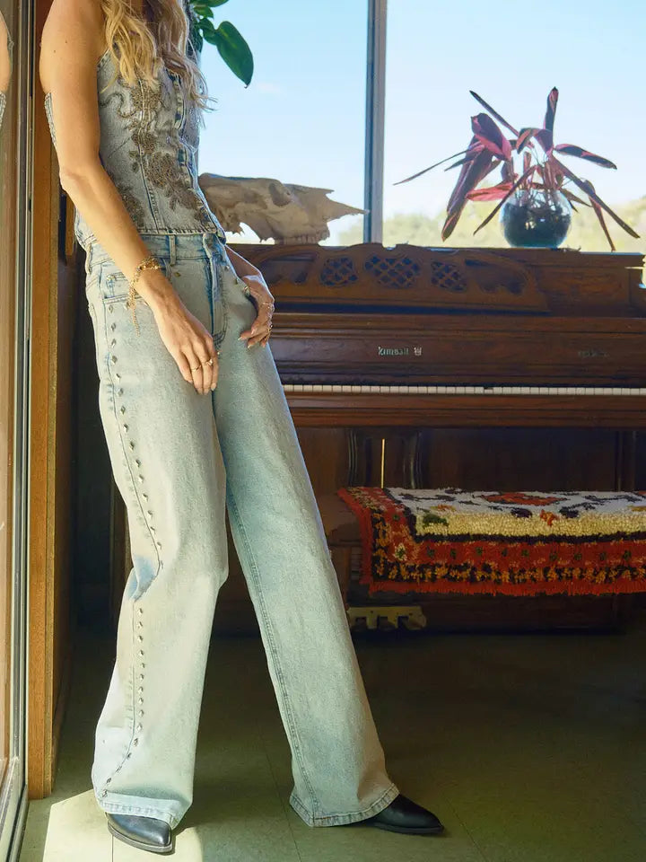 Blue B - Western Diamond Studded Straight Leg Jeans