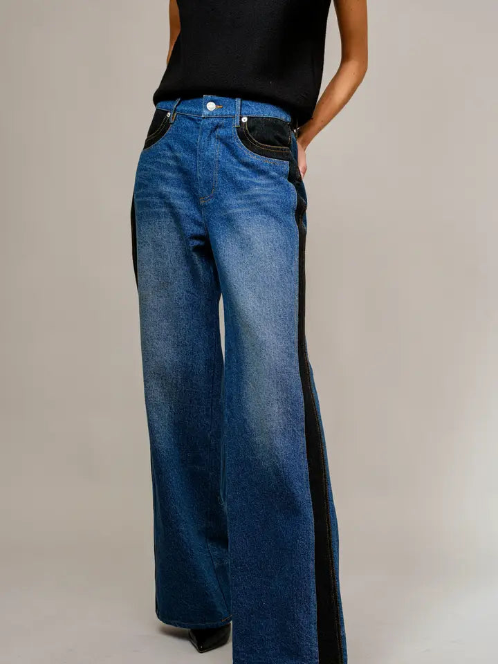 Blue B -Western Two Tone Panel Wide Denim Jeans