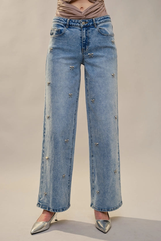 Blue B - Bow Embellished Straight Leg Jeans