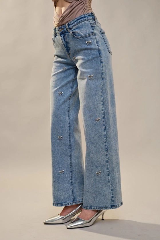Blue B - Bow Embellished Straight Leg Jeans