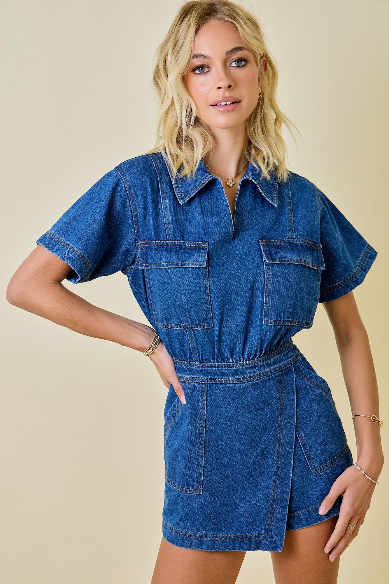 Denim Romper W/ Flap Pockets &wrap Front Detail