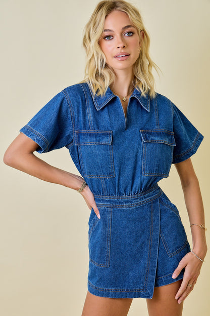 Denim Romper W/ Flap Pockets &wrap Front Detail