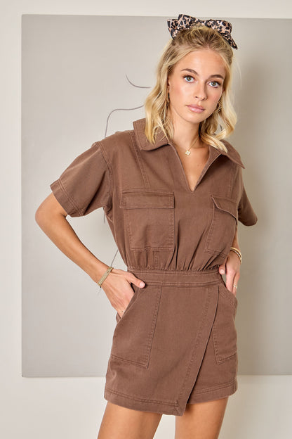 Denim Romper W/ Flap Pockets &wrap Front Detail