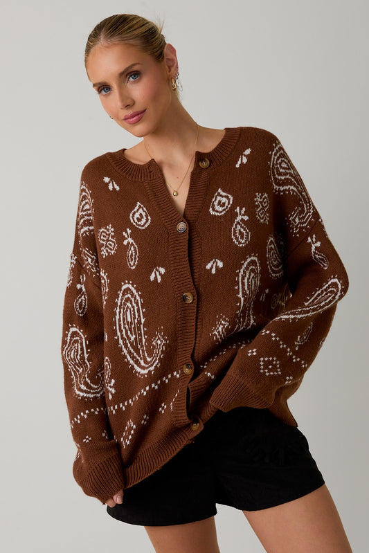 Crew Neck Paisley Pattern Sweater Cardigan