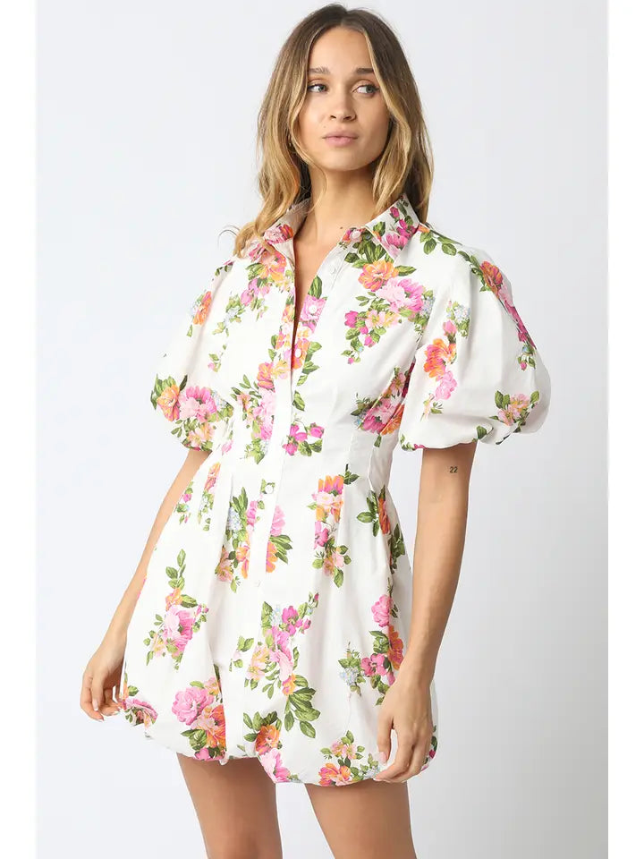 Olivaceous - Floral Puff Sleeve Mini Dress