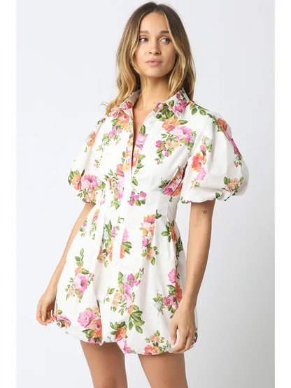 Olivaceous - Floral Puff Sleeve Mini Dress