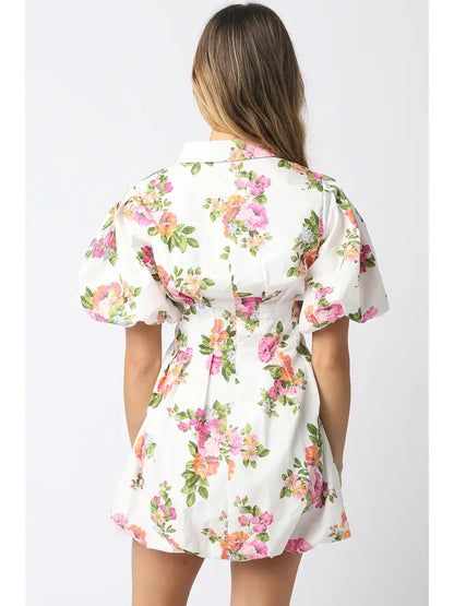 Olivaceous - Floral Puff Sleeve Mini Dress