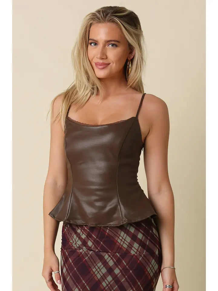 Olivaceous - Faux Leather Peplum Top