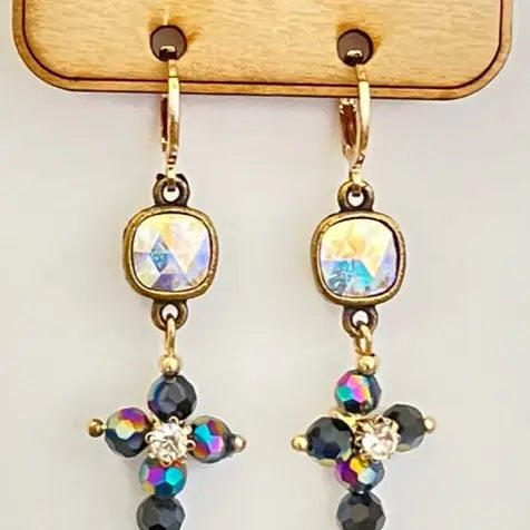 Black Bead Cross, Austrian Crystal Earring