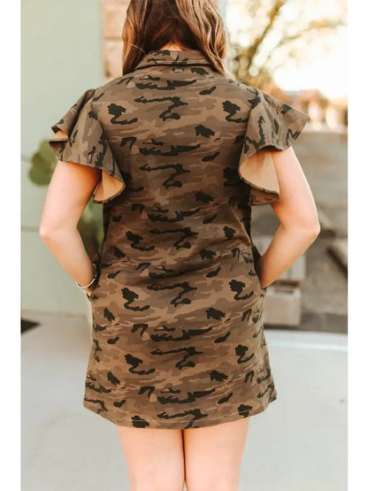 Lucky & Blessed - Camo Ruffle Short Sleeve Stretch Denim Dress