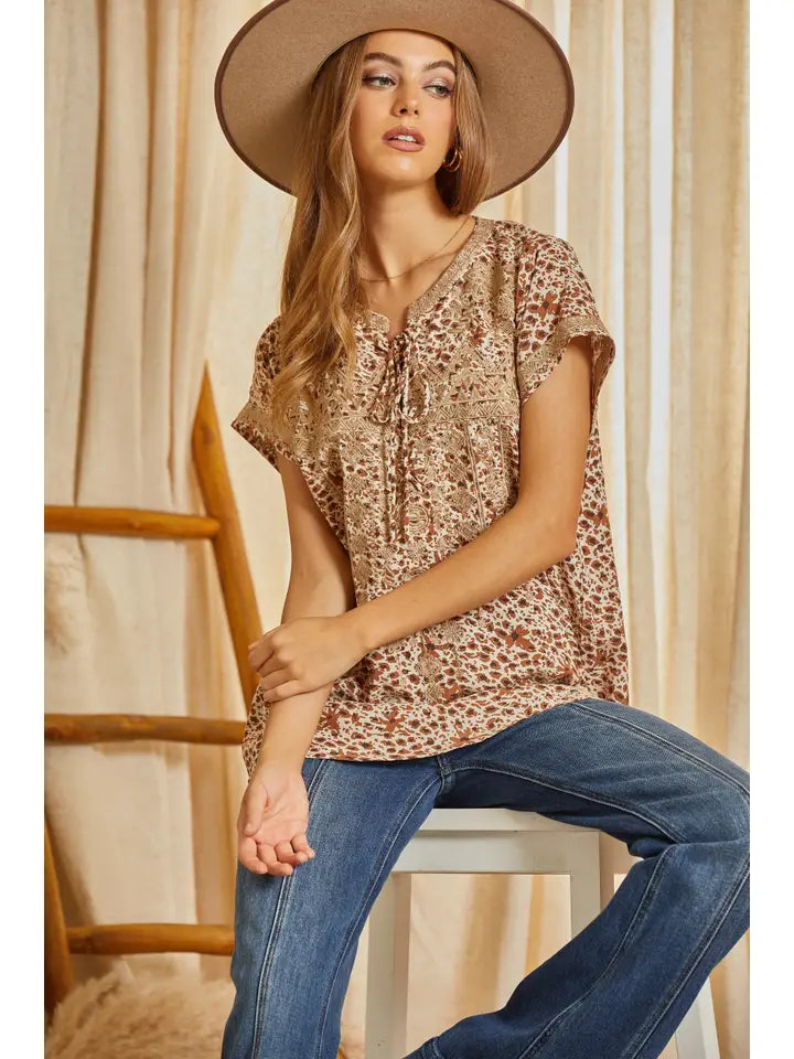 Tie Front Embroidered Tunic Top